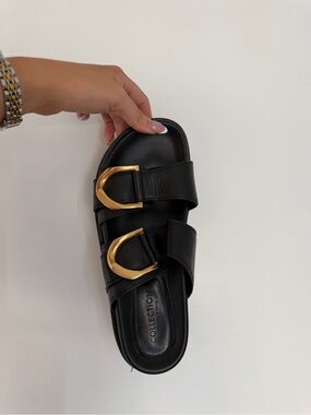 Charles & Keith Black Slide Sandal with Gold Buckles